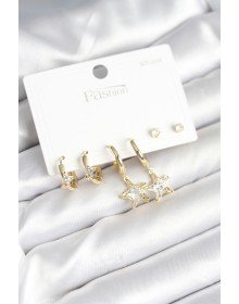 Pirinç Gold Renk Yıldız Model 925 Gümüş Çivili Kadın Küpe Seti