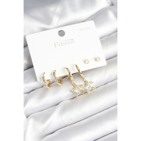 Pirinç Gold Renk Yıldız Model 925 Gümüş Çivili Kadın Küpe Seti