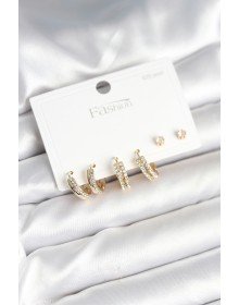 Pirinç Gold Renk Zirkon Taşlı 925 Gümüş Çivili Kadın Küpe Seti