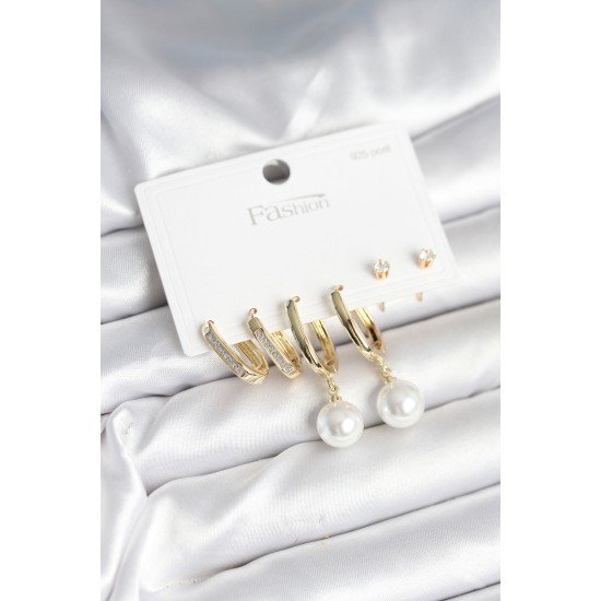 Pirinç Gold Renk İnci Detaylı 925 Ayar Gümüş Çivili Kadın Küpe Seti Pirinç Gold Renk İnci Detaylı 925 Ayar Gümüş Çivili Kadın Küpe Seti