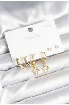 Pirinç Gold Renk 925 Ayar Gümüş Çivili Kadın Küpe Seti