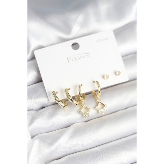 Pirinç Gold Renk 925 Ayar Gümüş Çivili Kadın Küpe Seti