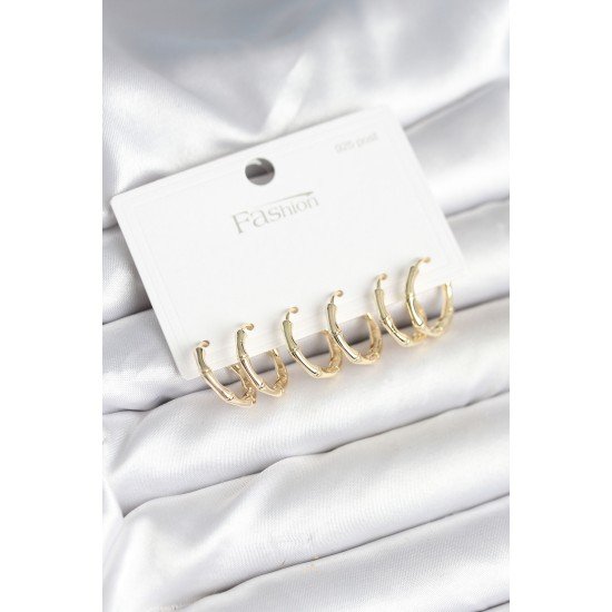 Pirinç Gold Renk Kemik Halka Model 925 Ayar Gümüş Çivili Kadın Küpe Seti