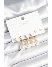 Gold Renk Zirkon Taşlı Pirinç İncili 925 Ayar Gümüş Çivili Küpe Seti