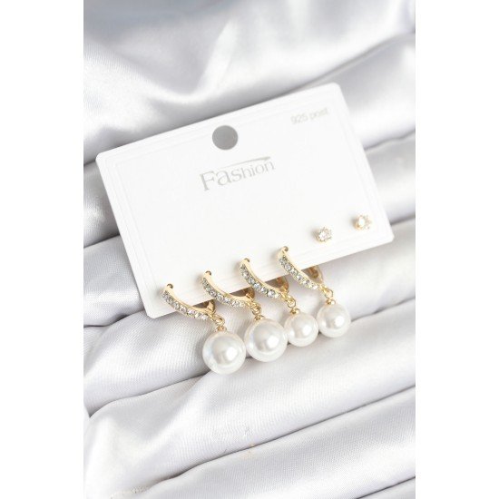 Gold Renk Zirkon Taşlı Pirinç İncili 925 Ayar Gümüş Çivili Küpe Seti