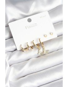 Gold Renk Pirinç Kelebek Model 925 Ayar Gümüş Çivili Kadın Küpe Seti