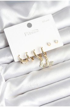 Gold Renk Pirinç Kelebek Model 925 Ayar Gümüş Çivili Kadın Küpe Seti