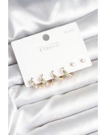 Pirinç Gold Renk Zirkon Taşlı ve İncili Model 925 Ayar Gümüş Çivi Kadın Küpe Seti