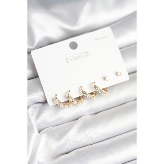 Pirinç Gold Renk Zirkon Taşlı ve İncili Model 925 Ayar Gümüş Çivi Kadın Küpe Seti Pirinç Gold Renk Zirkon Taşlı ve İncili Model 925 Ayar Gümüş Çivi Kadın Küpe Seti