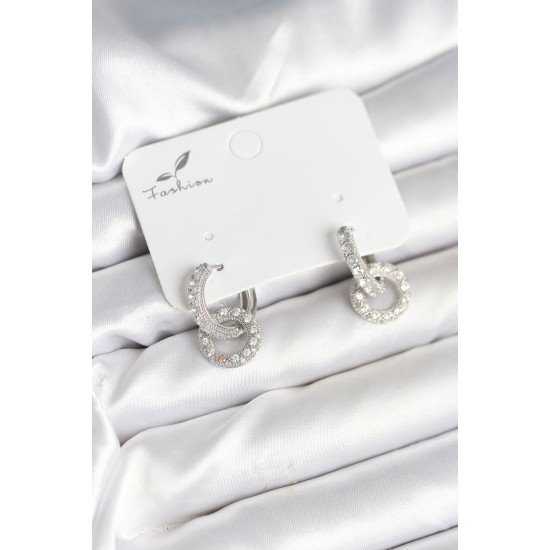 Gümüş Renk Pirinç Zirkon Taşlı Halka Model Kadın Küpe