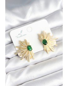 Yeşil Taş Detaylı Zirkon Taşlı Gold Renk Pirinç Kadın Küpe