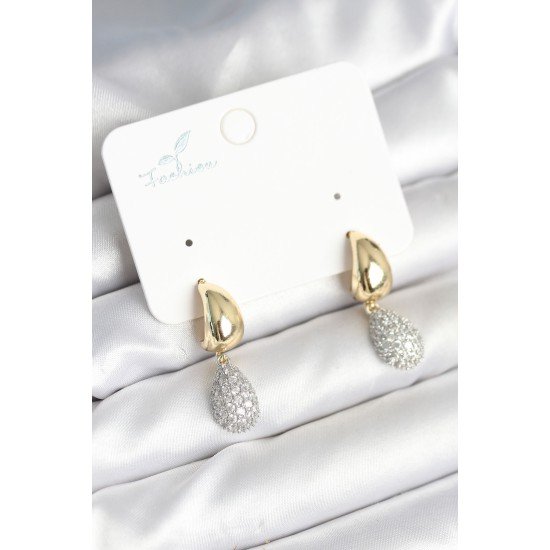 Gold Renk Zirkon Taşlı Damla Pirinç Kadın Küpe