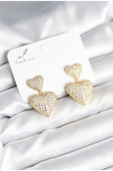 Kalp Model Zirkon Taşlı Gold Renk Pirinç Kadın Küpe
