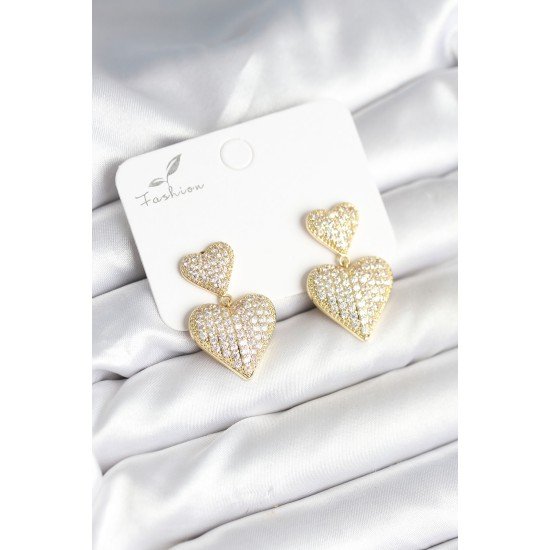 Kalp Model Zirkon Taşlı Gold Renk Pirinç Kadın Küpe