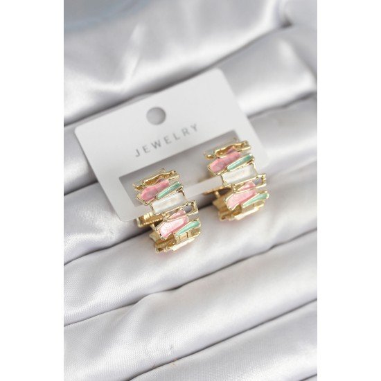 Mineli Karışık Renkli Gold Pirinç Kadın Küpe