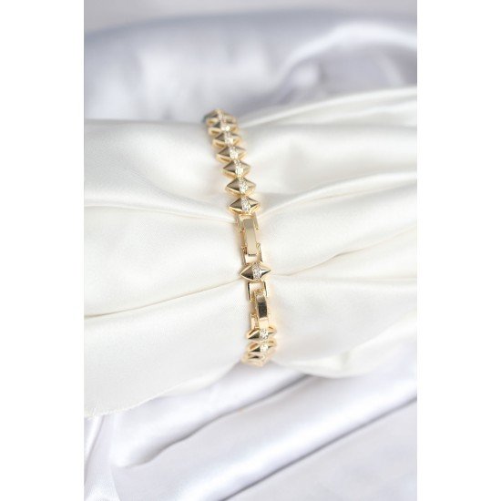 Pirinç Gold Renk Zirkon Taşlı Baklava Model Kadın Bileklik