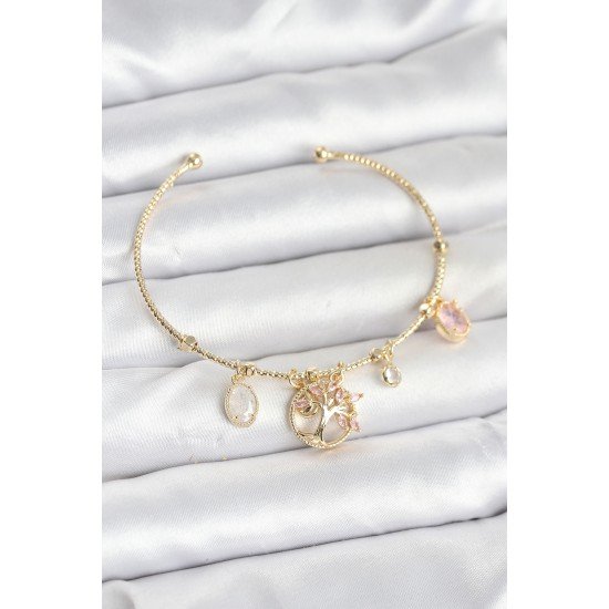Hayat Ağacı Charmlı Gold Renk Pirinç Kadın Bileklik