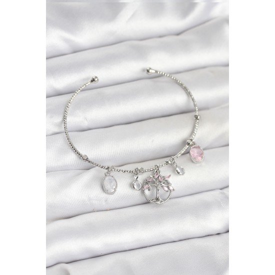 Hayat Ağacı Charmlı Gümüş Renk Pirinç Kadın Bileklik