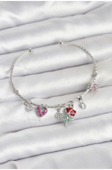 Gül Charmlı Gümüş Renk Pirinç Kadın Bileklik