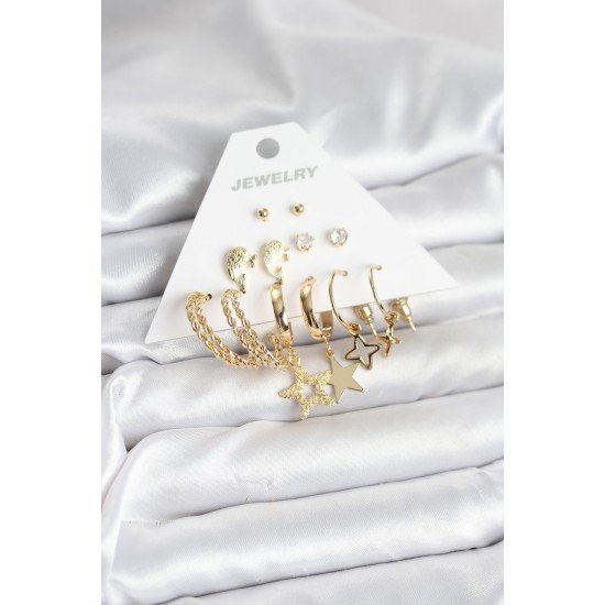 Gold Renk Yıldızlı Set 6 Çift Kadın Küpe Seti Gold Renk Yıldızlı Set 6 Çift Kadın Küpe Seti