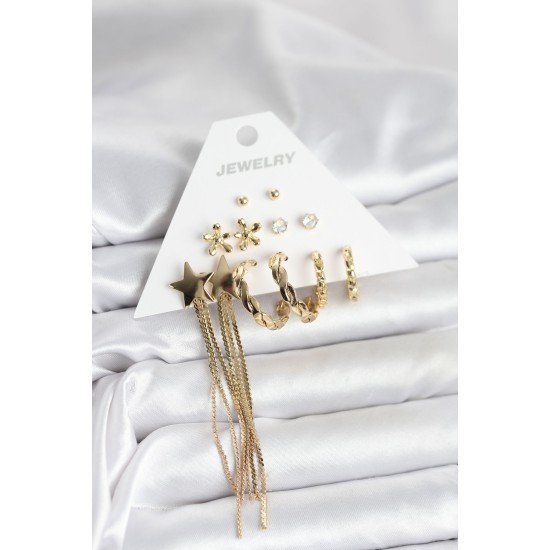 Pirinç Gold Renk 6 Çift Kadın Küpe Seti