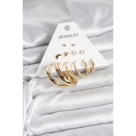 Gold Renk 6 Çiftli Pirinç Kadın Küpe Seti