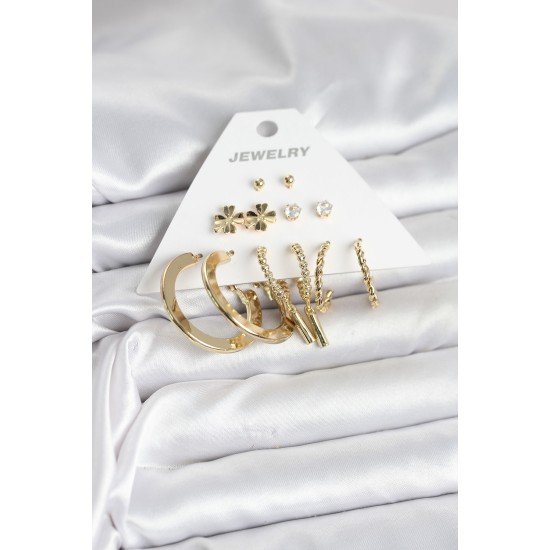 Pirinç Gold Renk 6 Çift Kadın Küpe Seti