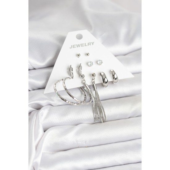 Gümüş Renk Pirinç 6 Çiftli Kadın Küpe Seti