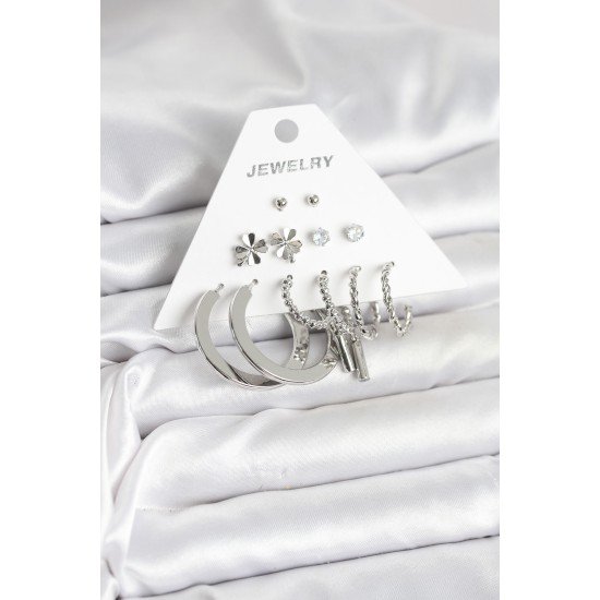 Pirinç Gümüş Renk 6 Çift Kadın Küpe Seti