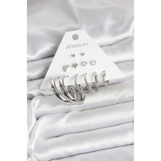 Pirinç Gümüş Renk Halka Modelli 6 Çift Kadın Küpe