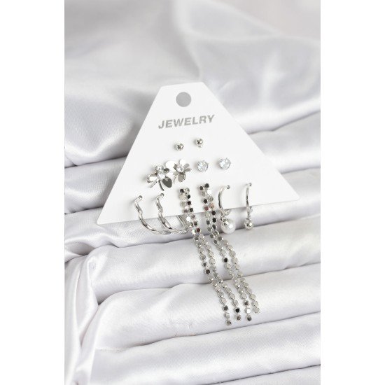 Pirinç Gümüş Renk 6 Çift Kadın Küpe