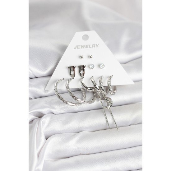 Gümüş Renk Pirinç 6'lı Kadın Küpe Seti Gümüş Renk Pirinç 6'lı Kadın Küpe Seti