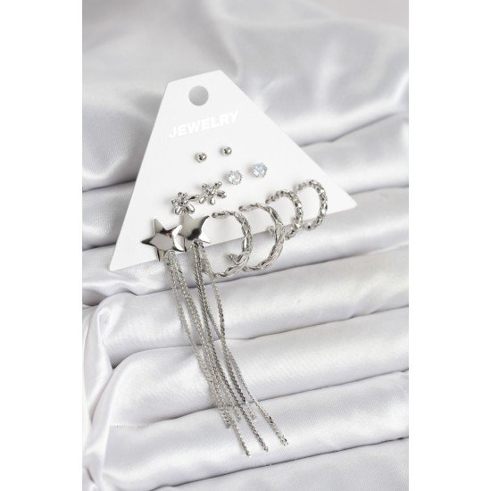 Gümüş Renk Pirinç 6 Çift Kadın Küpe Seti