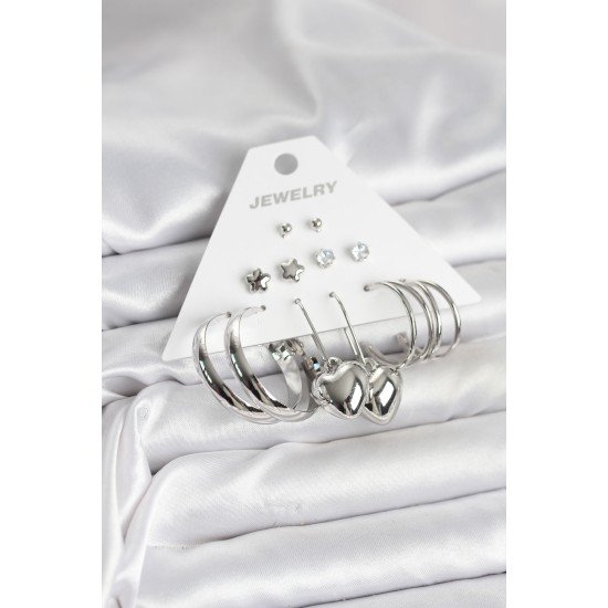 Pirinç Gümüş Renk 6 Çift Kadın Küpe Seti