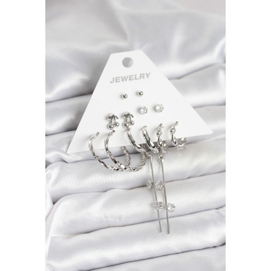 Gümüş Renk Pirinç 6'lı Kadın Küpe Seti Gümüş Renk Pirinç 6'lı Kadın Küpe Seti