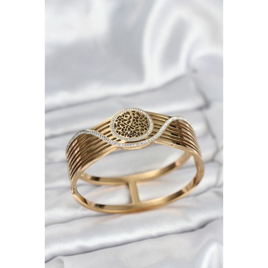 316L Çelik Gold Renk Yaşam Ağacı Modelli Kadın Kelepçe Bileklik