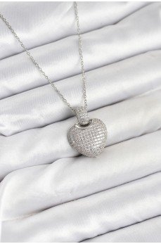 316L Çelik Zincir Gümüş Renk Zirkon Taşlı Kalpli Kadın Kolye
