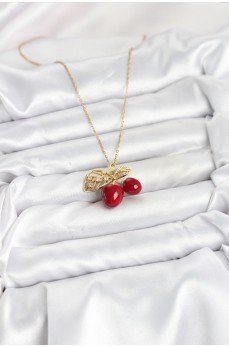 316L Çelik Zincir Yapraklı Kiraz Model Gold Renk Kadın Kolye
