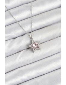 316L Çelik Zincir Gümüş Renk Pembe Taşlı Yıldız Model Kadın Kolye