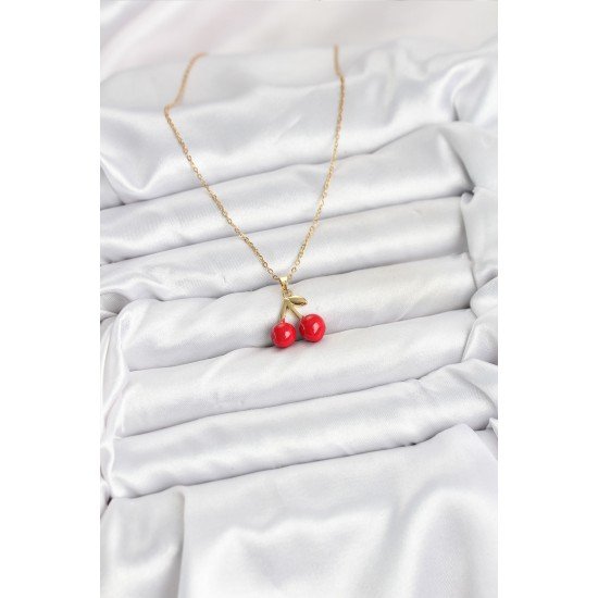 316L Çelik Zincir Gold Renk Kiraz Model Kadın Kolye