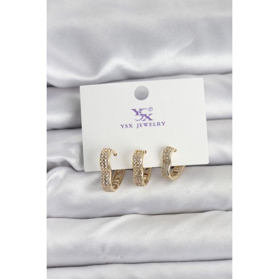 Gold Renk Pirinç Zirkon Taşlı Kalpli Kadın Küpe