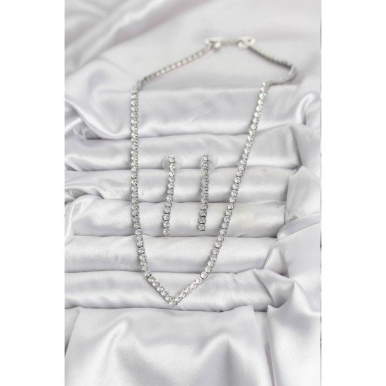 Gümüş Renk Zirkon Taşlı Kadın Kolye Küpe Seti