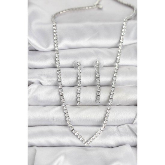 Gümüş Renk Zirkon Taşlı Kadın Kolye Küpe Seti