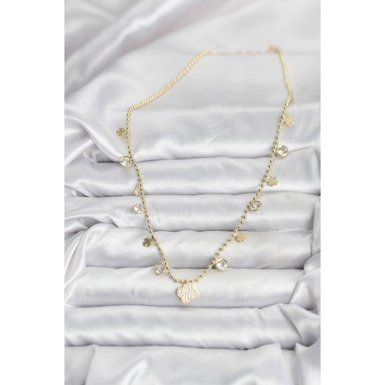 Pirinç Gold Renk Yonca Model Kadın Kolye