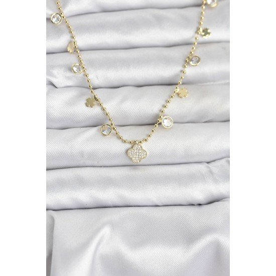 Pirinç Gold Renk Yonca Model Kadın Kolye