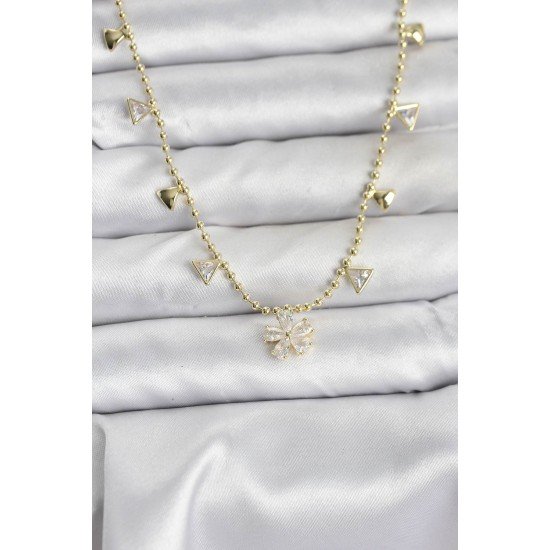 Pirinç Gold Renk Zirkon Taşlı Çiçek Model Kadın Kolye Pirinç Gold Renk Zirkon Taşlı Çiçek Model Kadın Kolye