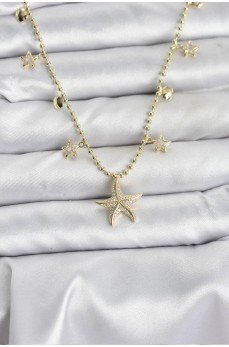 Pirinç Gold Renk Zirkon Taşlı Deniz Yıldızı Model Kadın Kolye