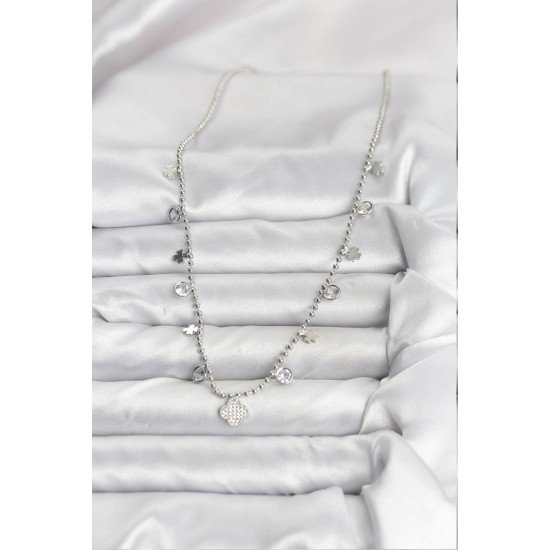 Pirinç Gümüş Renk Yonca Model Kadın Kolye Pirinç Gümüş Renk Yonca Model Kadın Kolye