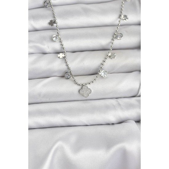 Pirinç Gümüş Renk Yonca Model Kadın Kolye Pirinç Gümüş Renk Yonca Model Kadın Kolye