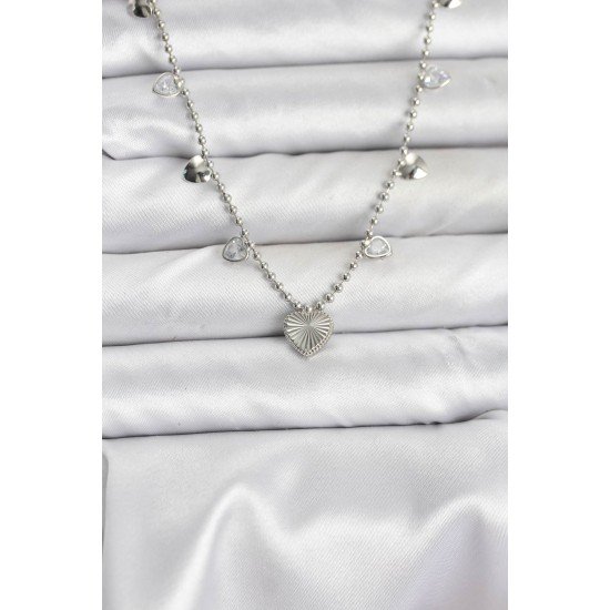 Pirinç Gümüş Renk Kalp Model Kadın Kolye